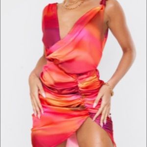 Pink Abstract Print Satin Plunge Wrap Ruched
Bodycon Dress